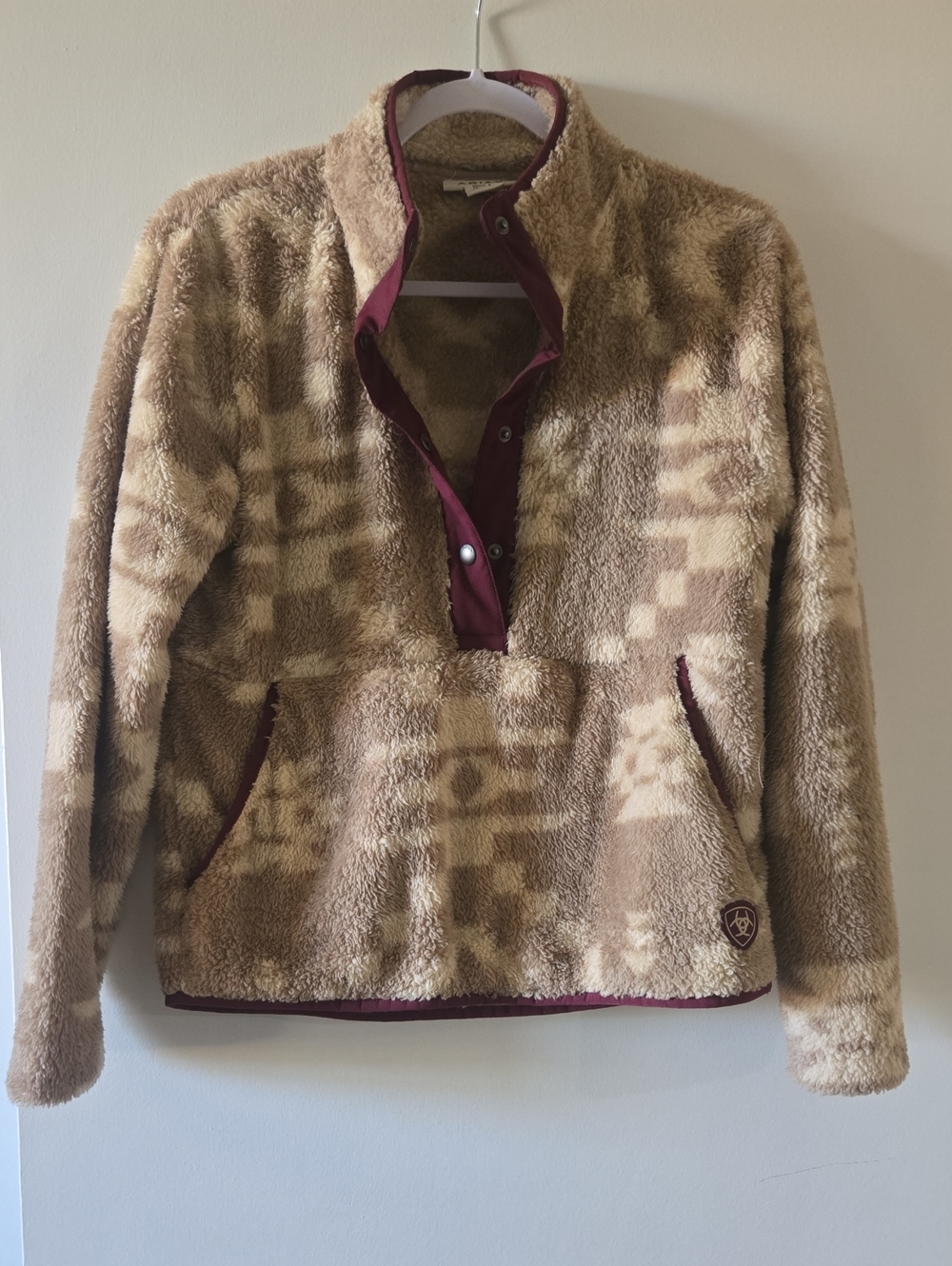 Ariat Plush Fleece Pullover Jacket - Tan with Burgundy Trim